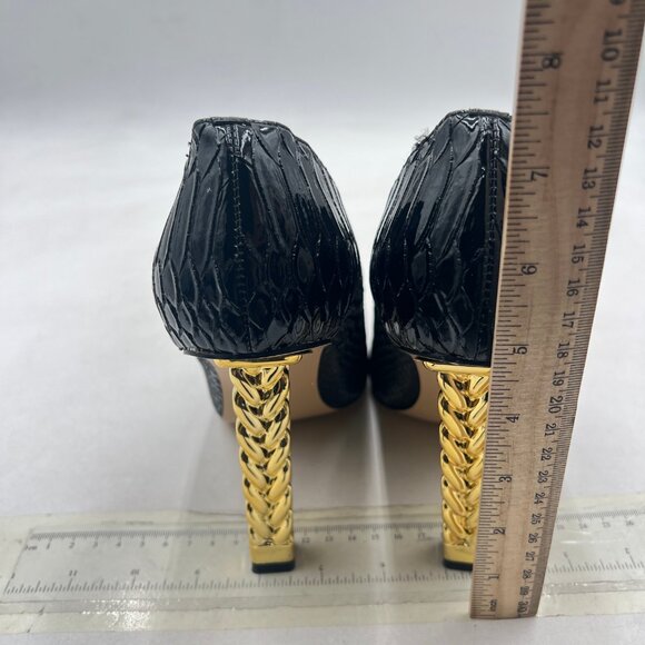 FSJ Black Snake Gold Metal Chain Chunky High Heel Pointed Toe Slip On Shoes - Picture 5 of 8